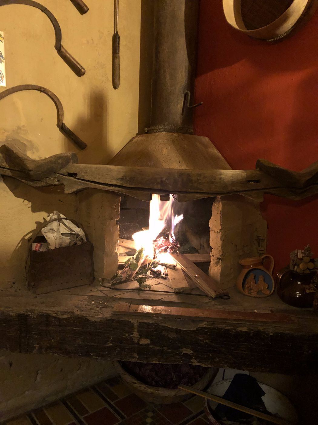 Chimenea de leña encendida en el comedor